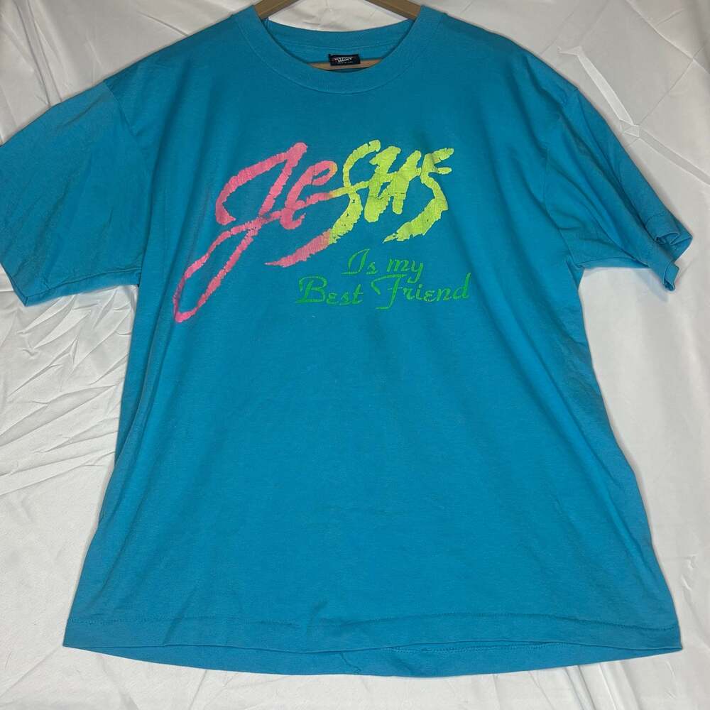 Vintage Jesus Is My Best Friend Neon Graphic T-Shirt Blue 90s Faith Tee
